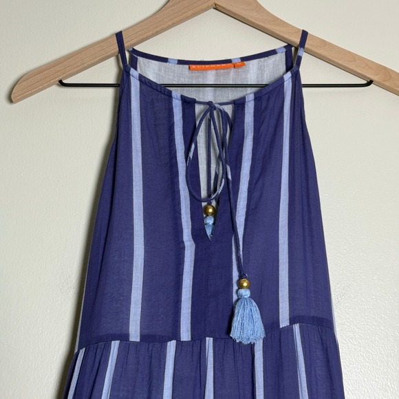 Oliphant Womens Tiered Maxi Dress L Blue Striped Tank Tassels Resort Vacation - Picture 5 of 11